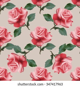 Seamless pattern with red roses on beige background. Vector illustration.