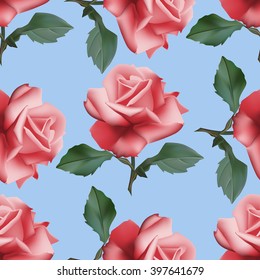 Seamless pattern with red roses on blue background. Vector illustration.