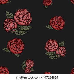 seamless pattern with red roses on a dark gray background