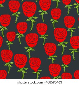 Seamless pattern of red roses on the black background. Vector illustration.