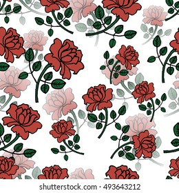 seamless pattern of red roses on a white background, a sketch.
