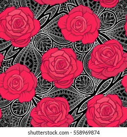 Seamless pattern with red roses on background with vintage pattern. Stock vector.
