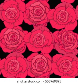 Seamless pattern with red roses on black background. Stock vector.

