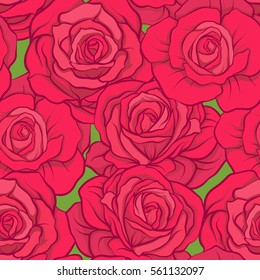 Seamless pattern with red roses on green background. Stock vector.

