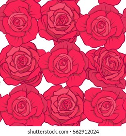 Seamless pattern with red roses on red background. Stock vector.
