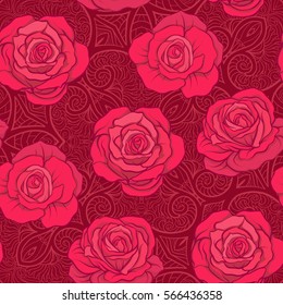 Seamless pattern with red roses on background with vintage pattern. Stock vector.
