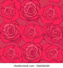 Seamless pattern with red roses on red background. Stock vector.

