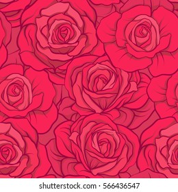 Seamless pattern with red roses on red background. Stock vector.

