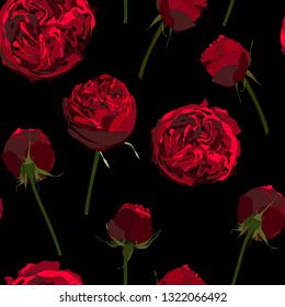 Seamless pattern with red roses peony. Perfect for background greeting cards and invitations of the wedding, birthday, Valentine's Day, Mother's Day. Black backdrop.