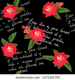 Seamless pattern with red roses and text about love. Flower background for textile, cover, wallpaper, gift packaging, printing.Romantic design for weddings, Valentine's Day.