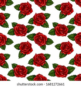 Seamless pattern with red roses. Vector illustration white background.