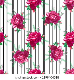 Seamless pattern with red roses and vertical black,gray stripes. Vector illustration.Can be used for textile,fabric, wrapping paper,design a web site.