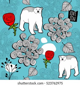 Seamless pattern with red roses and white polar bears. Vector endless background.