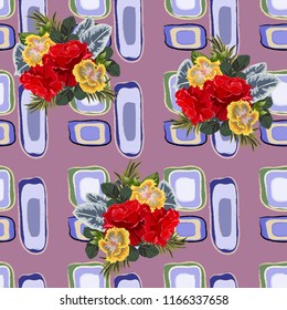Seamless pattern with red roses and yellow hibiscus on geometric background. Flower background for textile, cover, wallpaper, gift packaging, printing.Romantic design for calico, silk.