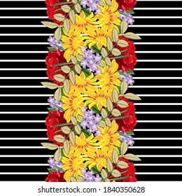 Patrón sin foco con rosas rojas y flores de jardín amarillas sobre fondo rayado. Fondo de flores para textiles, cubierta, papel pintado, embalaje de regalo, impresión.  Borde vertical.