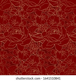 Seamless pattern with red roses.Flowers, leaves on red background. Abstract gold pattern  in floral style. Idea for material, scarf, fabric, textile, wallpaper, wrapping paper. Vector