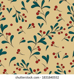 Seamless pattern, red rowan berries with green leaves on a branch on a yellow background. Vector illustration, cartoon color design, eps 10.