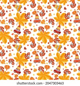 Seamless pattern with red rowan berries, hearts and autumn leaves on a white background. For the design of gift paper.