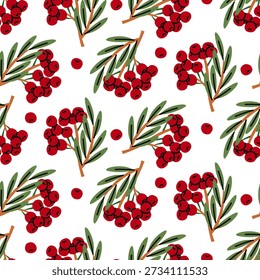 Seamless pattern with red rowan berries on green branches. Bright autumn botanical background for food packaging, textile prints, kitchen decor, or organic product branding
