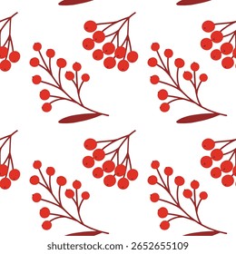 Nahtloses Muster aus roten, braunen Beerenästen auf weißem Hintergrund für herbstliches Packpapier, Stoff oder saisonales digitales Design