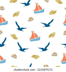 Seamless pattern of red sailboats and seashells. Cute cartoon boat and shellfish print. Template for fabric, knitwear, wallpaper, paper, packaging. Vector design