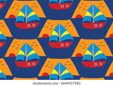 A seamless pattern of red sailboats with yellow and blue sails on dark blue water, set against orange, triangular sky shapes with small black birds.