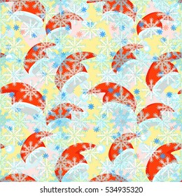 seamless pattern a red Santa Claus hat , snowflake vector illustration