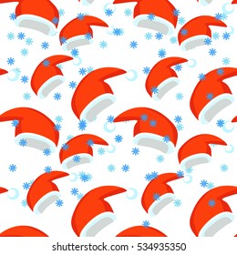 seamless pattern red Santa Claus hat and snowflake. vector illustration