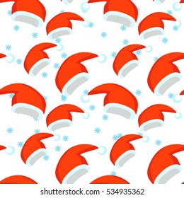 seamless pattern red Santa Claus hat and snowflake. vector illustration