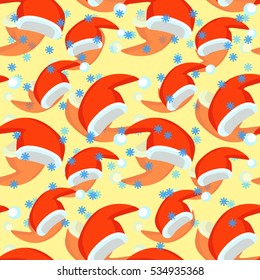 seamless pattern red Santa Claus hat  snowflake vector illustration