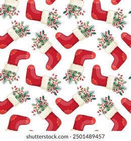 Seamless pattern with red santa socks with bouquet christmas and winter plants.  Hand-drawn style. Perfect for wrapping paper, scrapbooking, textile, banner, card, and product design.