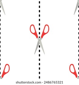 Seamless pattern with red scissors on white background. Hand drawn opened pair of scissors. Craft and needlework cutting. Vector illustration.