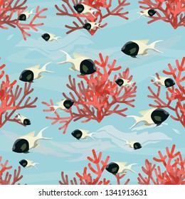 Seamless pattern. Red sea corals and tropical fish. Underwater world. Wildlife seas and oceans. Realistic vector illustration.
