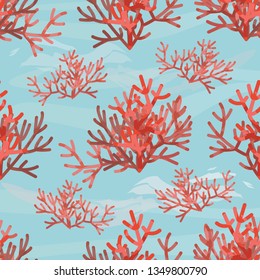 Seamless pattern. Red sea corals on a blue background. Underwater world. Wildlife seas and oceans. Realistic vector illustration.