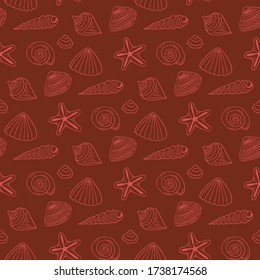 Seamless pattern with red sea shells and starfish on dark red background. Vector image. 
