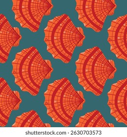 Padrão contínuo de conchas vermelhas em um fundo azul-petróleo. Um padrão decorativo sem costura com conchas vermelhas em um fundo azul-petróleo, evocando temas oceânicos e costeiros. Ideal para uso em têxteis, 