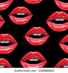 Seamless pattern of red sexy lips on black background. Vector lipstick or lip gloss 3d realistic design. Fashion illustration