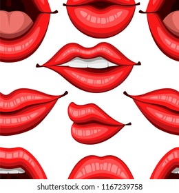 Seamless pattern. Red sexy lips illustration. Biting, smile and open lips. Flat style mouth and lips. Kiss sexy logo icon for card. Vector illustration on white background.