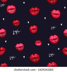 Seamless pattern of red sexy lips on black background. Vector lipstick or lip gloss realistic design. Fashion illustration. hand drawing for Wallpapers, Web Page, Surface Textures, Wrap Paper,Textiles