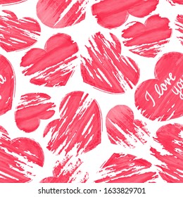 Seamless pattern with red shabby hearts. Grunge texture for Valentine's day, wedding. Hand drawn text. I love you. Image for poster, party, paper. Elements under clipping mask, it is possible to edit.
