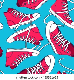 Seamless pattern with red shoes. Hand drawn gumshoes