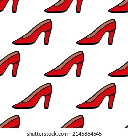  Seamless pattern with red shoes on white background. Vector image.
