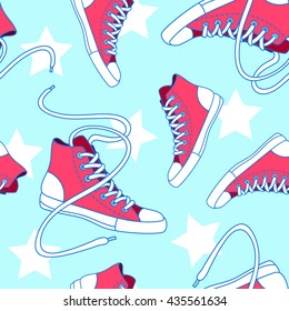 Seamless pattern with red shoes and stars. Hand drawn gumshoes