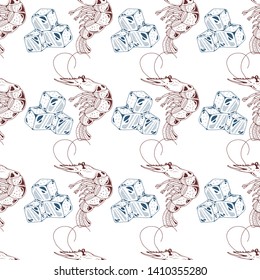 Seamless pattern with red shrimps and blue ice cubes on a white background. Vector illustration