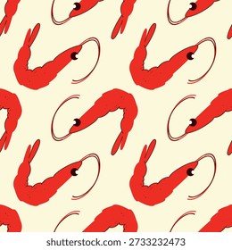 Seamless pattern with red shrimps or prawns for seafood restaurant menu and packaging design.
