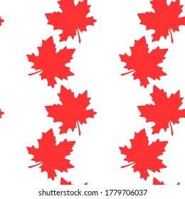 Seamless pattern of red silhouette maple leaves isolated on white background. Simple vector texture for fabric, invitations, home textiles. Concept of autumn, forest, leaf fall