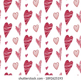Seamless pattern of red silhouette and outline doodle hearts with hatching on a white background. Scribble texture. Love on Valentines Day holiday. Vector festive wallpaper.
