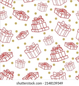 Seamless pattern of red simple line gift boxes on a white background with gold circles. Celebratory vector illustration for textile, packaging, wrapping paper, surface design