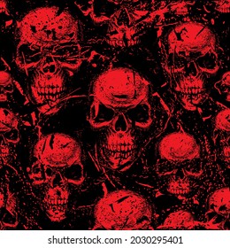 Seamless Pattern With Red Sinister Skulls Looking Out Of The Dark. Vector Background With Human Skulls And Blood Drips In Grunge Style. Graphic Print For Clothing, Fabric, Wallpaper, Wrapping Paper