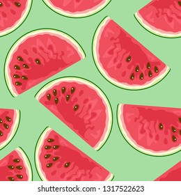 Seamless pattern with red slices of watermelon on green background. Vector illustration of fresh fruit in cartoon simple flat style.